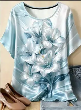 Women Red Rose Lily Gold‑Trim Floral Print T‑Shirt Short Sleeve Crew Neck Gradient Casual Loose Summer Tops