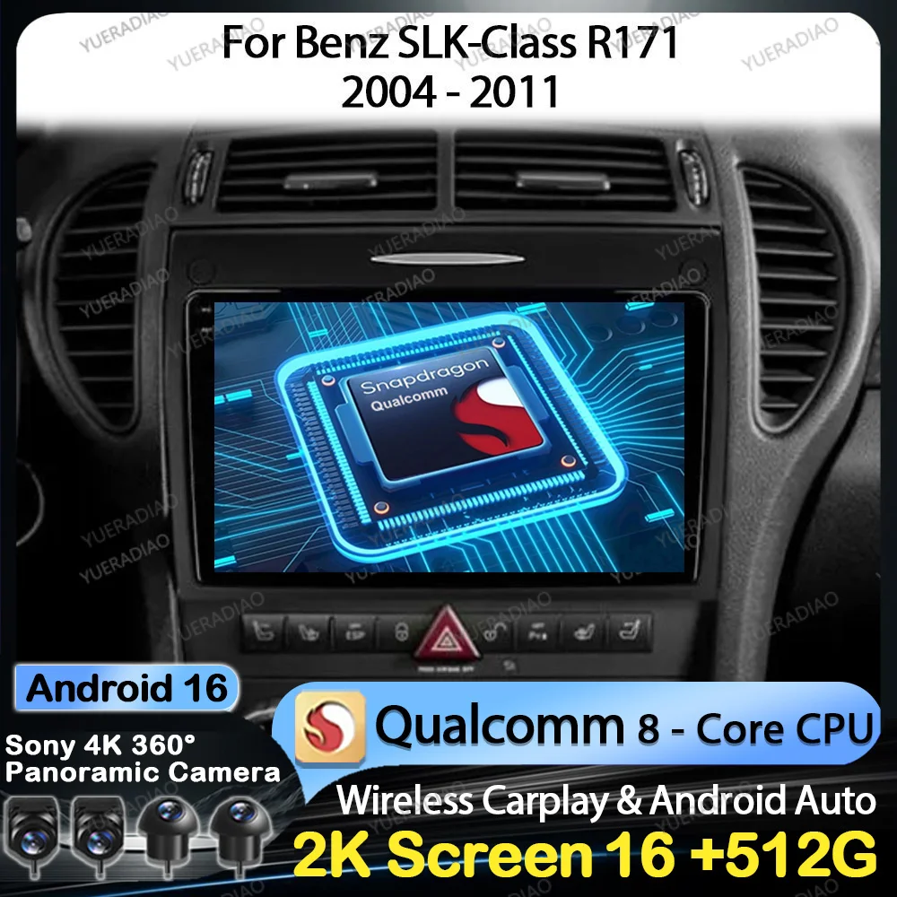 Rádio Automotivo Android 16 para Mercedes Benz SLK Classe R171 2004 - 2011 Reprodutor Multimídia de Vídeo Carplay GPS Automotivo NAVI DVD SWC FM