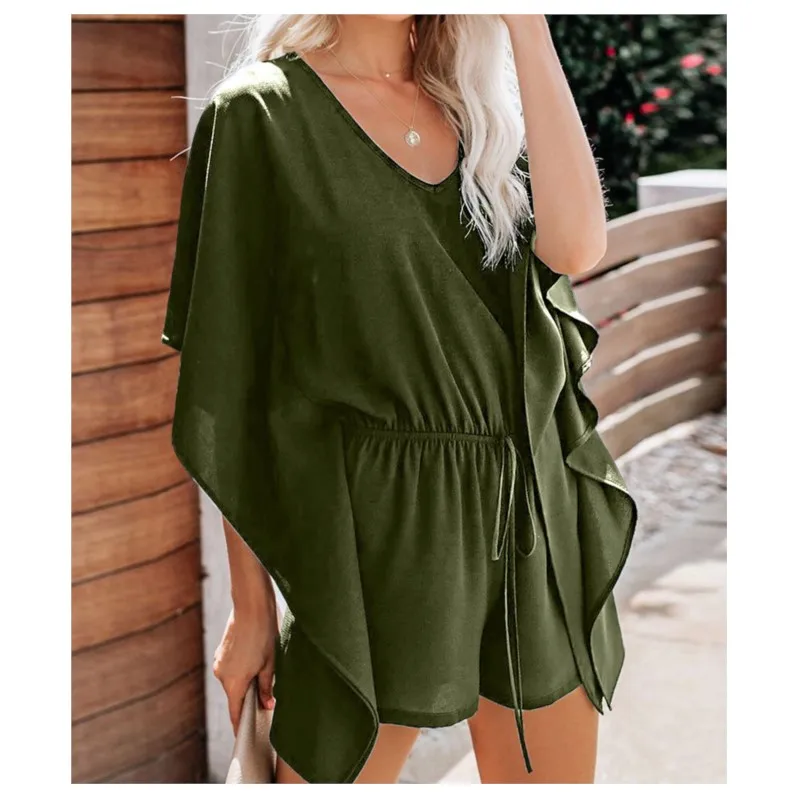 

Solid Color Jumpsuit Women's 2024 Summer New V-neck Short Sleeved High Waisted Lace Up Loose And Comfortable Casual Playsuits