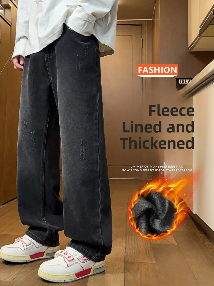 

Мужские повседневные джинсы American Sle Thiened Fce с подкладкой, свободные прямые брюки, длинные, зимние, новый тренд, брендовые, для отдыха