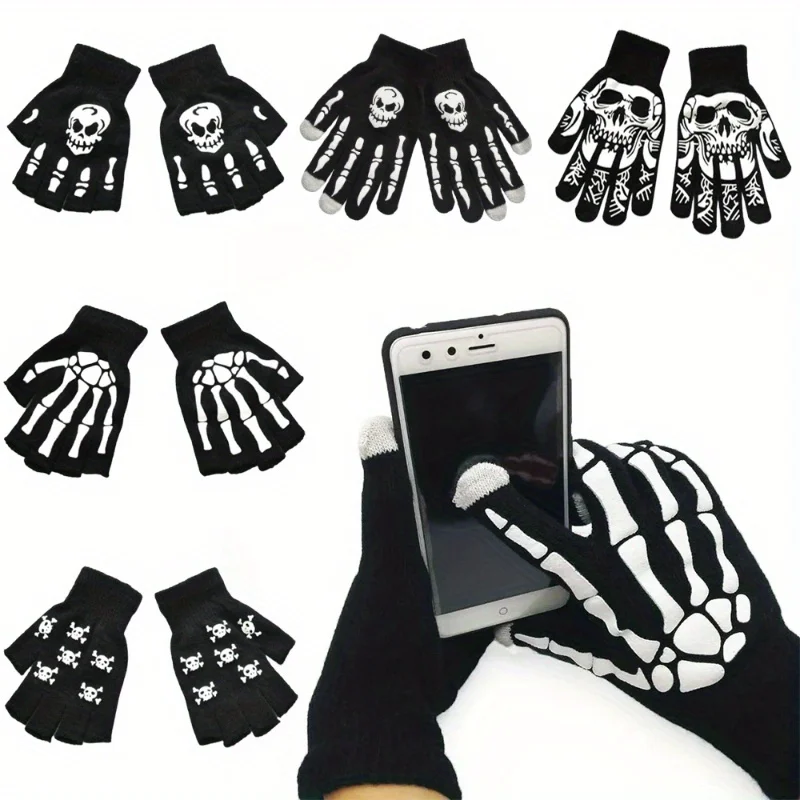 Halloween-Skelett-Handschuhe, 1 Paar – Vollfinger-Strickhandschuhe mit Totenkopf-Aufdruck, gruselige Kostüm-Requisiten für Männer und Frauen