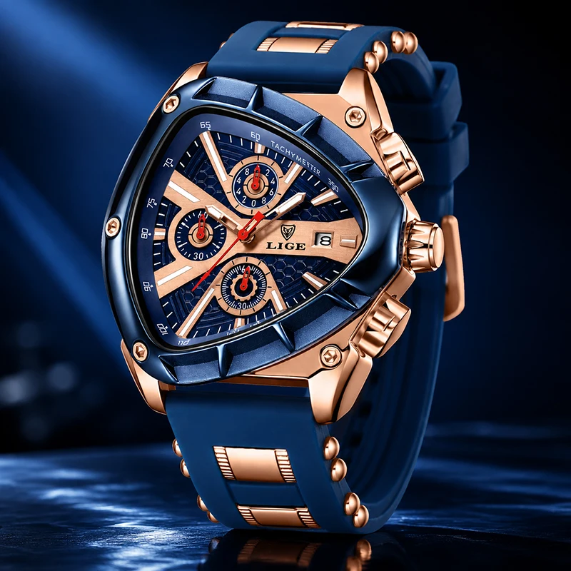 Montre Homme LIGE, Forme Irrégulière Bleue, Montres à Quartz pour Hommes, Mode Business, Silicone, Étanche, Chronographe, Montre Homme