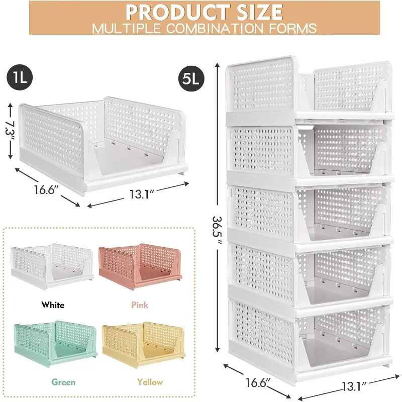 5 Pack Stackable Closet Storage Basket - Stackable Storage Bins, Multifunctional & Foldable Closet Organizer, Wardrobe Cupboard