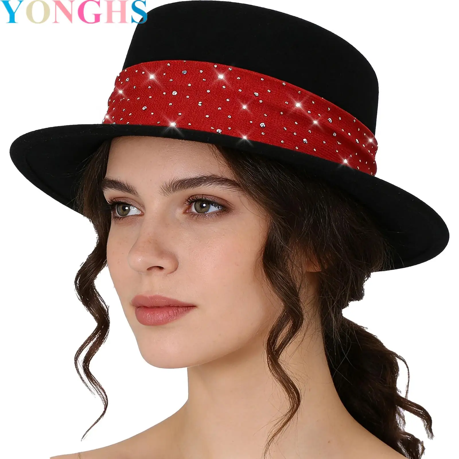 

Women Men Retro Fedora Hat Flat Top Hat with Shiny Rhinestones Wide Brim Top Hat for Elegant Dress Hat