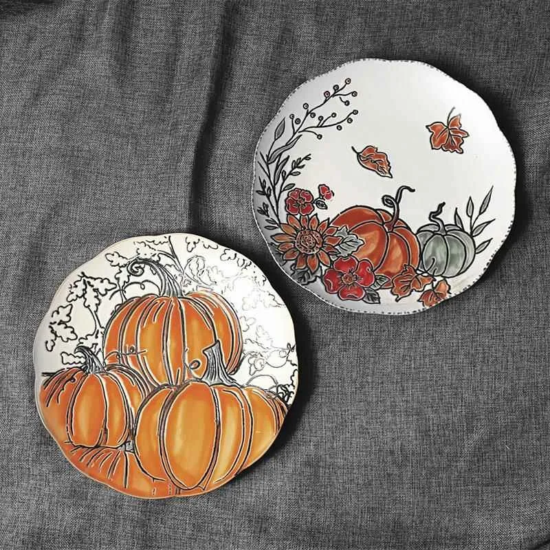 Hand-painted Ceramic Plate for Creative Decoration, European and American, Round Pumpkin Plate, Sunflower Plate,  Home