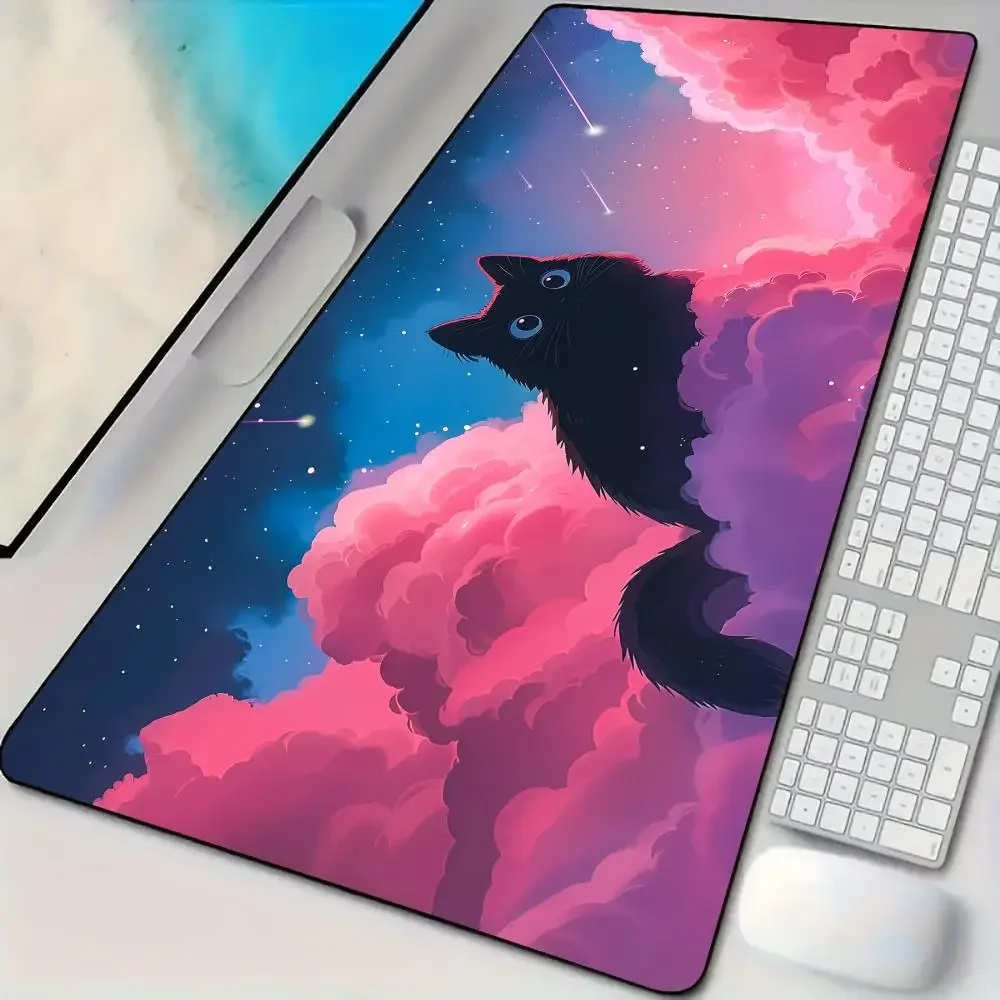Alas Mouse Desain Ilustrasi Kucing Romantis dengan Tepi Jahitan, Alas Meja dengan Dasar Karet Anti-Selip, Aksesoris PC, Alas Gaming, Mousepad