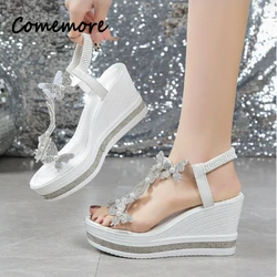 Comemore 10CM Bohemia Roma Chunky-Heel Women's Sandals Bow High Heels Luxury Summer Sandalia for Woman 2026 High-heeled Shoes