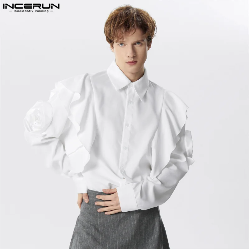 INCERUN 2024 Men\'s Shirt Solid Color Lapel Long Sleeve Ruffle Casual Men Clothing Streetwear Loose Elegant Fashion Camisas S-5XL