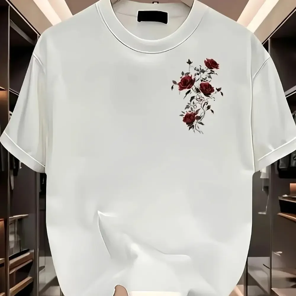 2026 Summer Men's Short-Sleeved 100% Cotton Fashion Red Rose Pattern Casual Wear for Sports, Dress-Up and Daily Use T-Shirt