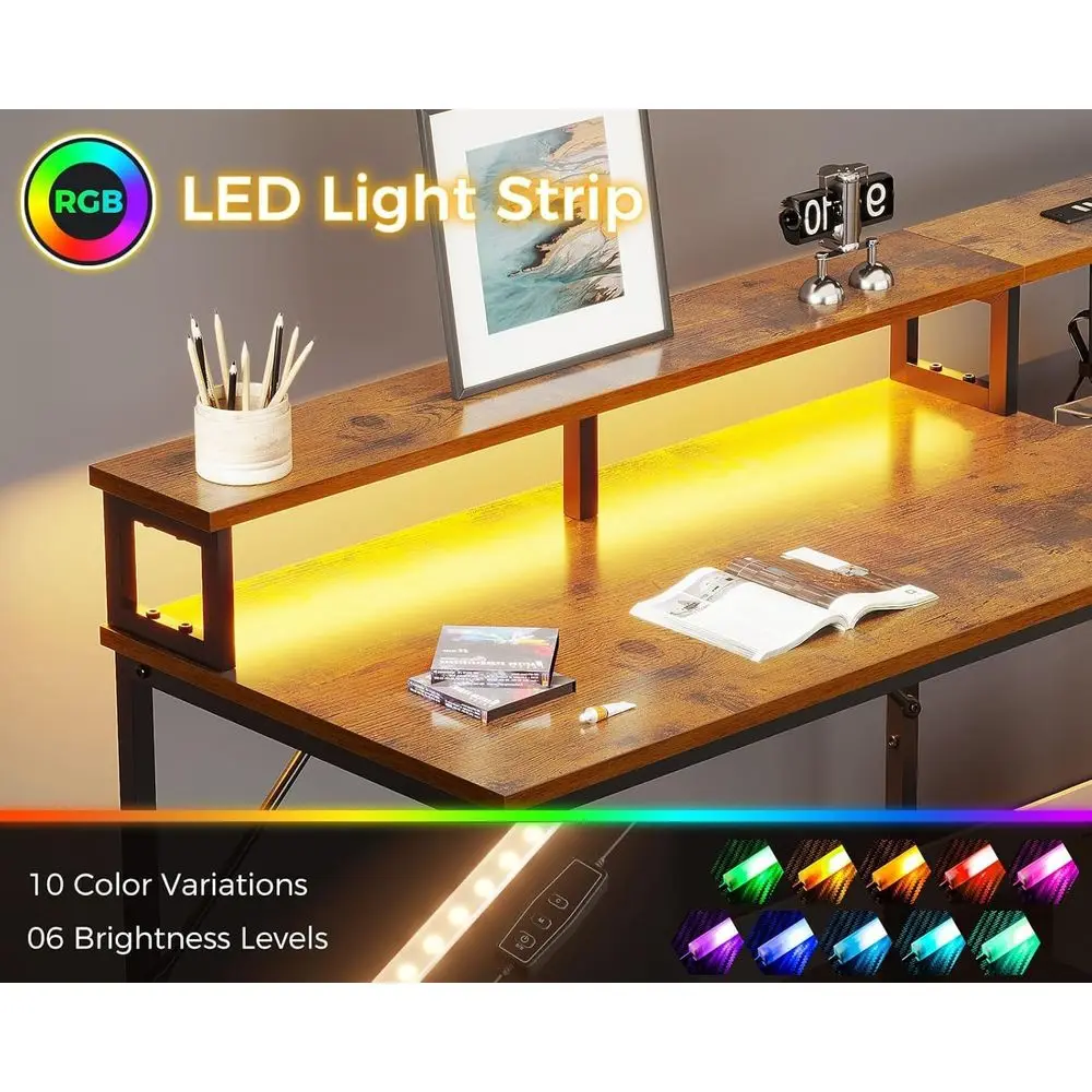 98 Inch 2 Person Gaming Desk with Storage Shelves, Long Double Home Office Computer Writing Desks with USB Charging Port amp LED