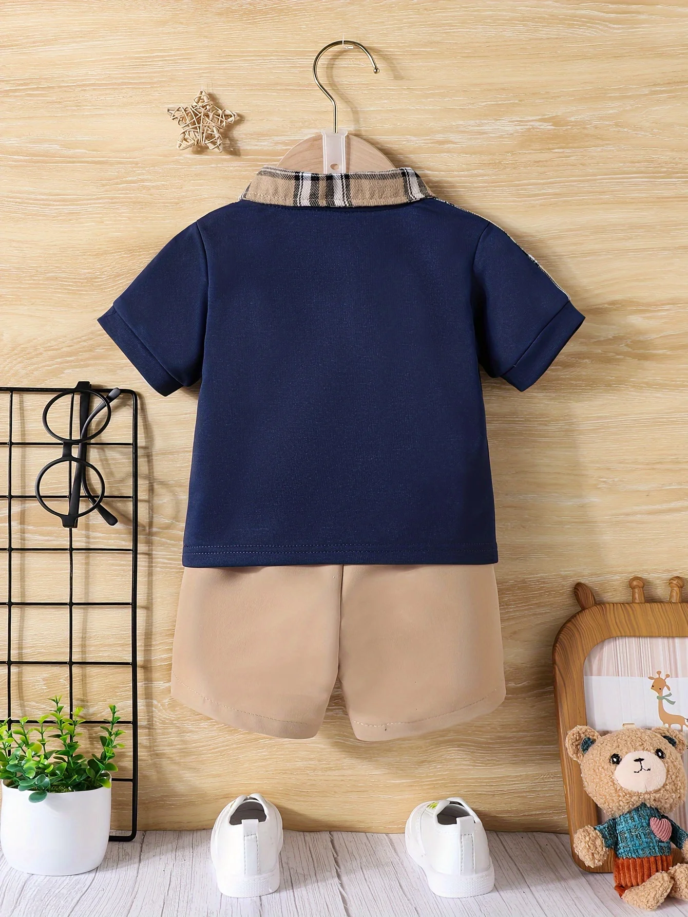 2-Piece Baby Boy Summer School Plaid Collared Short Sleeve Top + Casual Shorts New Fashion Casual Comfort Sports Suit