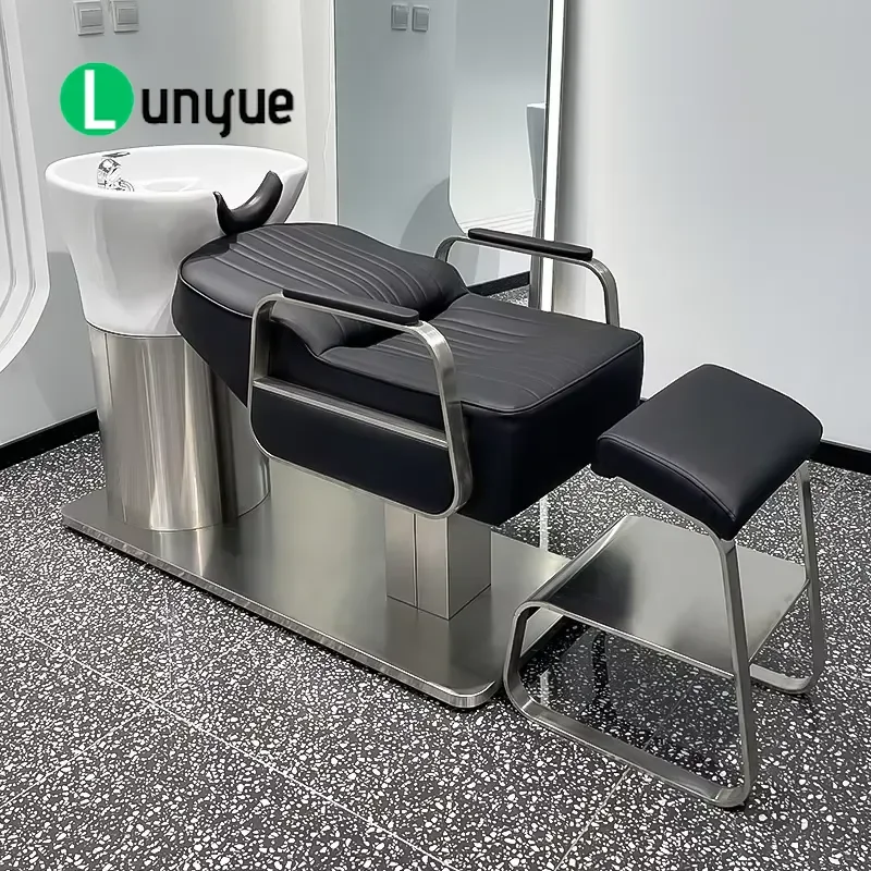 Stainless Steel Portable Shampoo Chair with Ceramic Basin Adjustable Foot Pedals High Density Sponge Modern Design Easy Hair