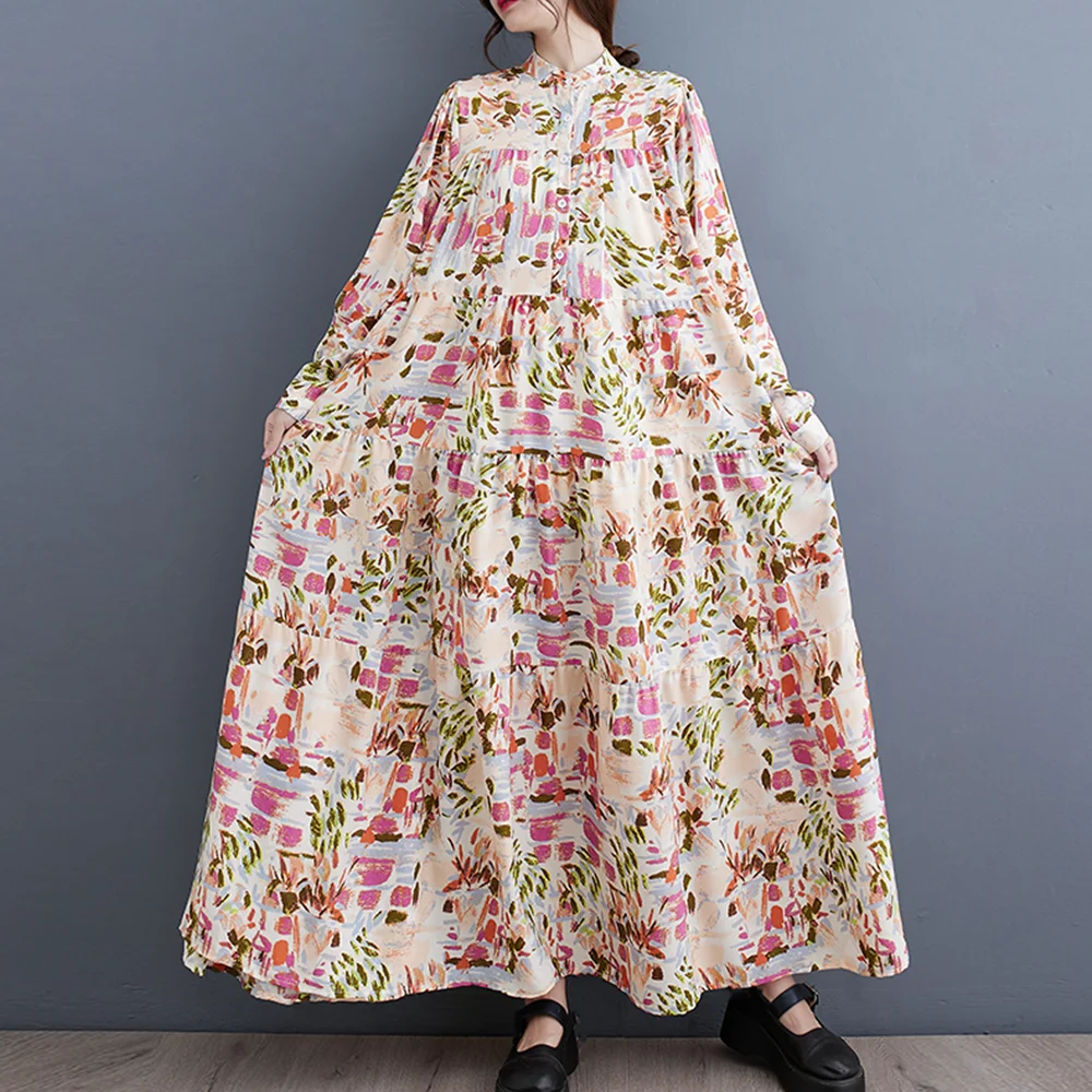 Korea Spring Women Floral Dress Plus Size Casual Pleated Woman Dress Fashion Ladies Womens Print Long Sleeve Dresses Vestido Rob