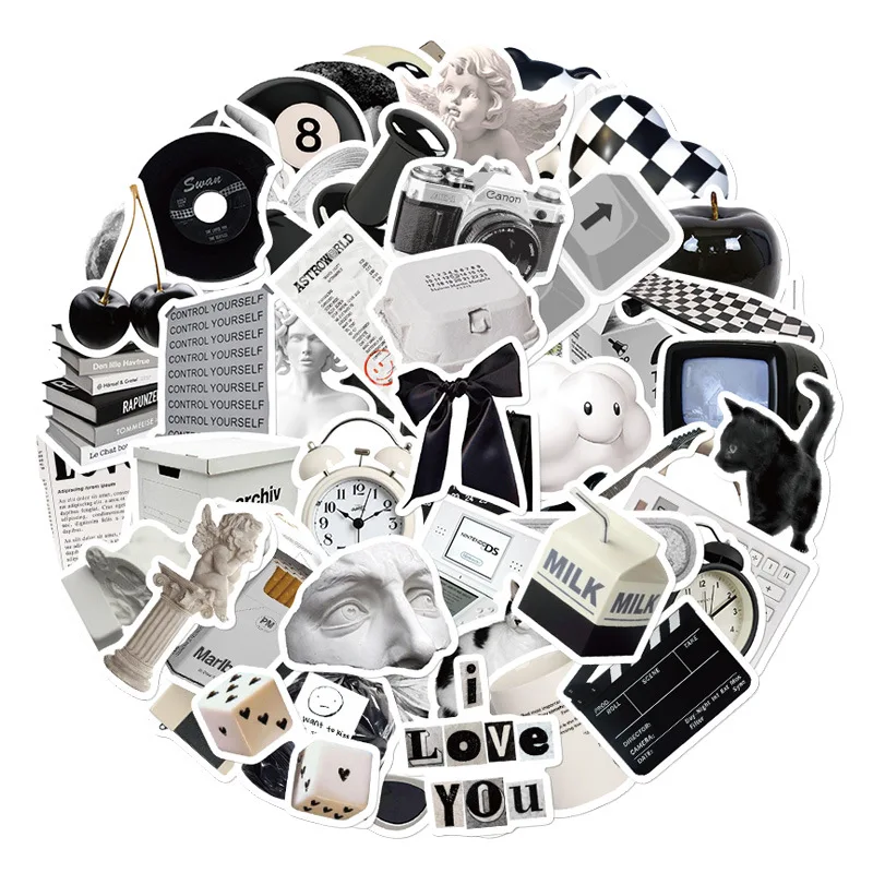

61PCS Aesthetic Black White Checkerboard Stickers Vintage Retro DIY Decorative Laptop Phone Case Waterproof Stickers Kids Toy