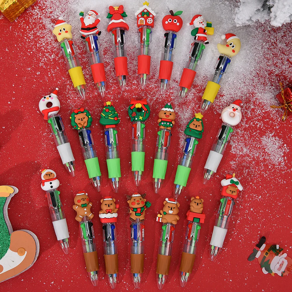 

10Pcs/Lot Kawaii Christmas Mini Four-color Ballpoint Pen Santa Claus Deer Christmas Tree Multi-color Sudent Press Ball Pens Gift