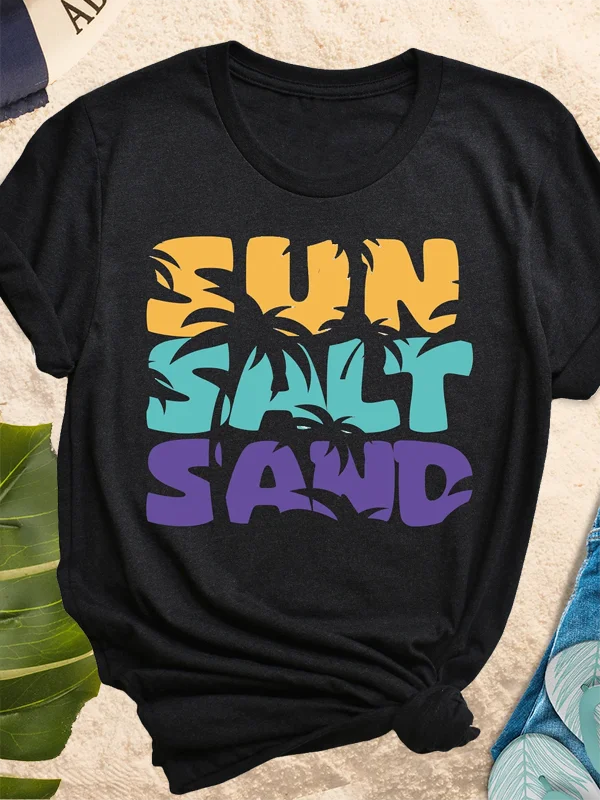 2024 New Beach Party Women T-shirt Sun Salt Sand Slogan Female Casual Shirt Trend Coconut Palm Print Beach Surfing Girl Tee