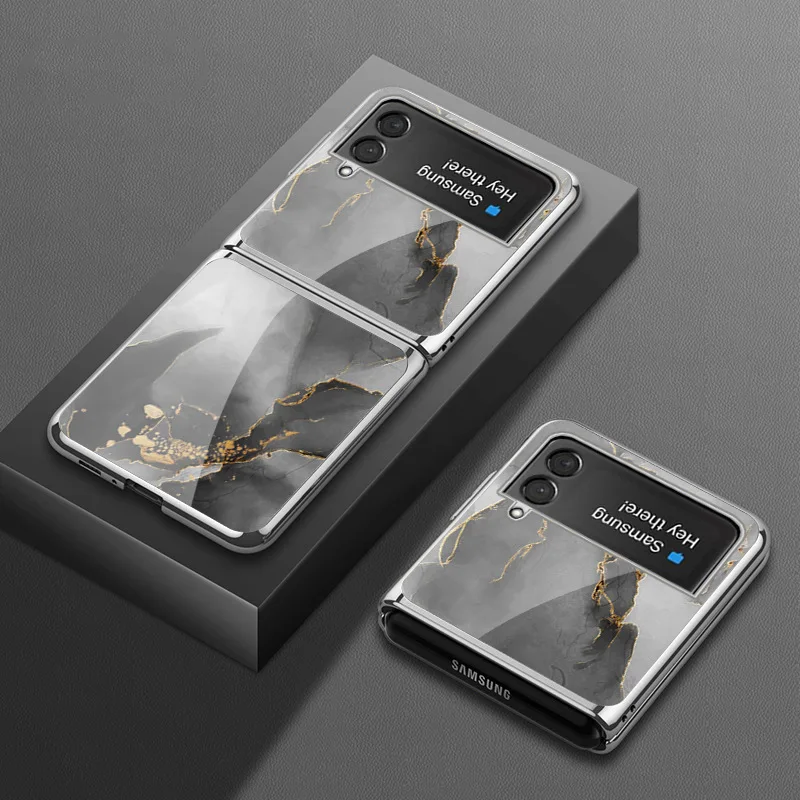 Vintage Marble Phone Case for Samsung Z Flip4 Case Luxury Plating Tempered Glass Shockproof Cover for Galaxy Z Flip 4 Case