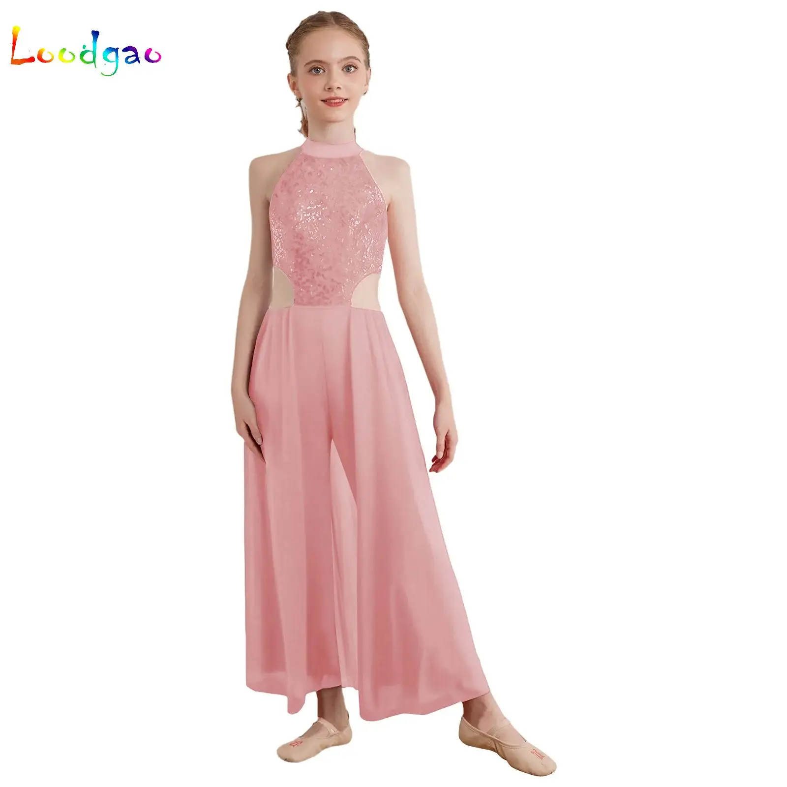 

Kids Girls Shiny Sequin Halter Jumpsuit Modern Jazz Latin Dance Performance Costume Dancewear Ballroom Stage Long Pants Bodysuit