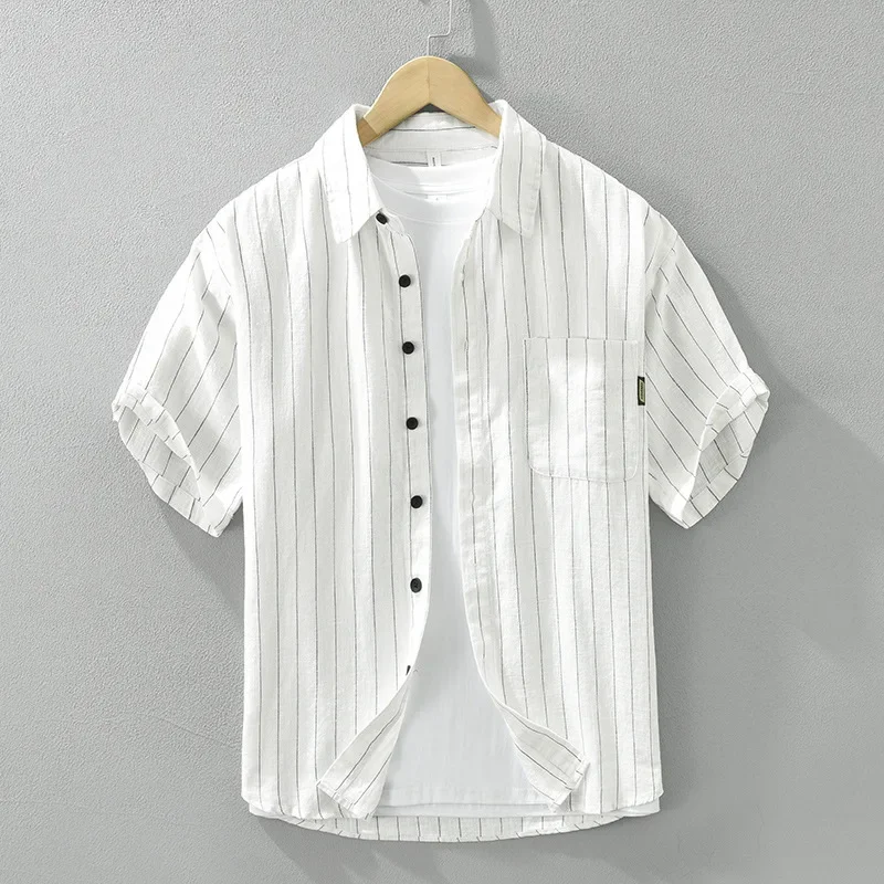 

Japanese Vintage Mens Striped Shirt Short Sleeve Breathable Cotton Linen Shirt Men Daily Casual Shirts Pocket Top Summer Clothes