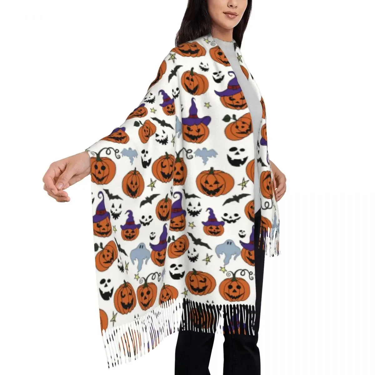 Halloween Seamless Pattern Design Pumpkin Bat Ghost Womens Warm Winter Infinity Scarves Set Blanket Scarf Pure Color