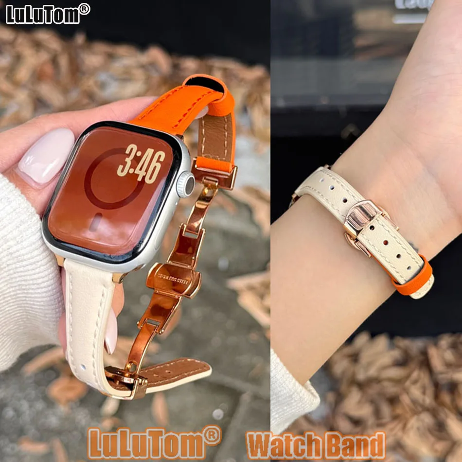 Luxury Orange Strap for Apple Iwatch Series 11 10 9 8 7 6 5 4 3 SE Ultra Watch Band 38 40 41 42 44 45 46 49 mm Leather Bracelet