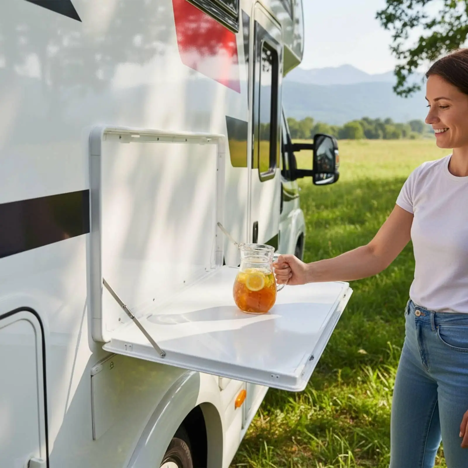 Exterior Folding Table for Motorhome Travel Trailer Wall Mount Drop Leaf Shelf Aluminum Alloy Lockable Lightweight for Camping