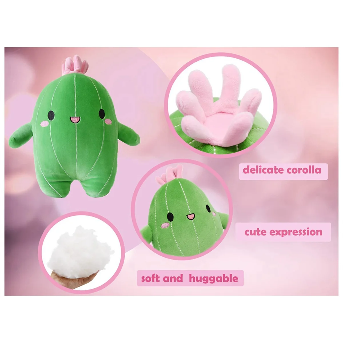 Cuddly Cactus Stuffed Plant Animal with Smile Face and Pink Antenna Soft Cacti Plush Toy Pillow,M