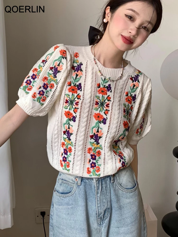 QOERLIN Embroidered Floral Pullovers Women O-Neck Short Sleeve Loose Summer Elegant Knitwear 2023 New Vintage Hollow Out Soft