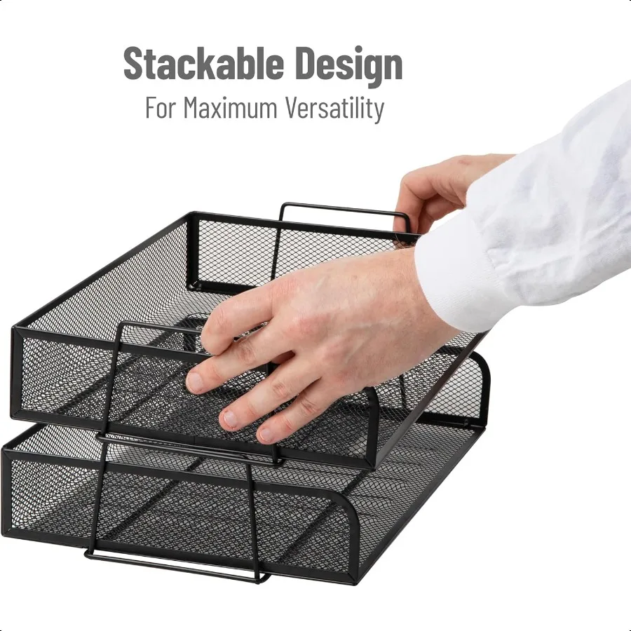 صينية ورق قابلة للتكديس منظم سطح المكتب تخزين الملفات شبكة معدنية للمكتب 13.25 بوصة طول × 9.75 بوصة عرض × 6.25 بوصة ارتفاع 2 قطعة. أسود