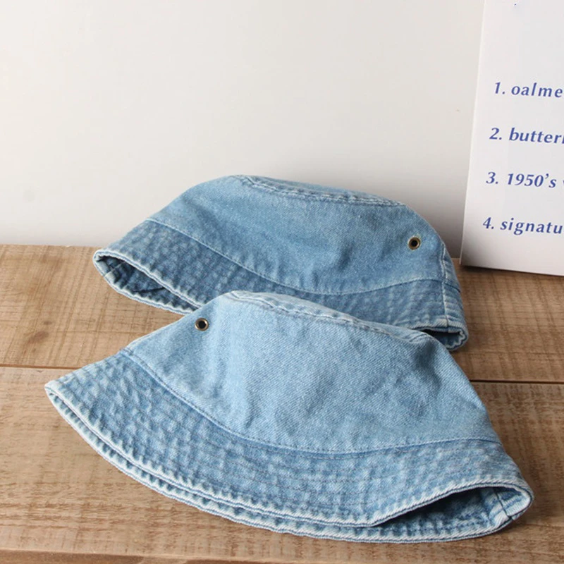 Summer Girls Boys Panama Sun Hat Kids Washed Denim Bucket Hat Children Wide Brim Cotton Fisherman Hats Solid Color Outdoor Cap