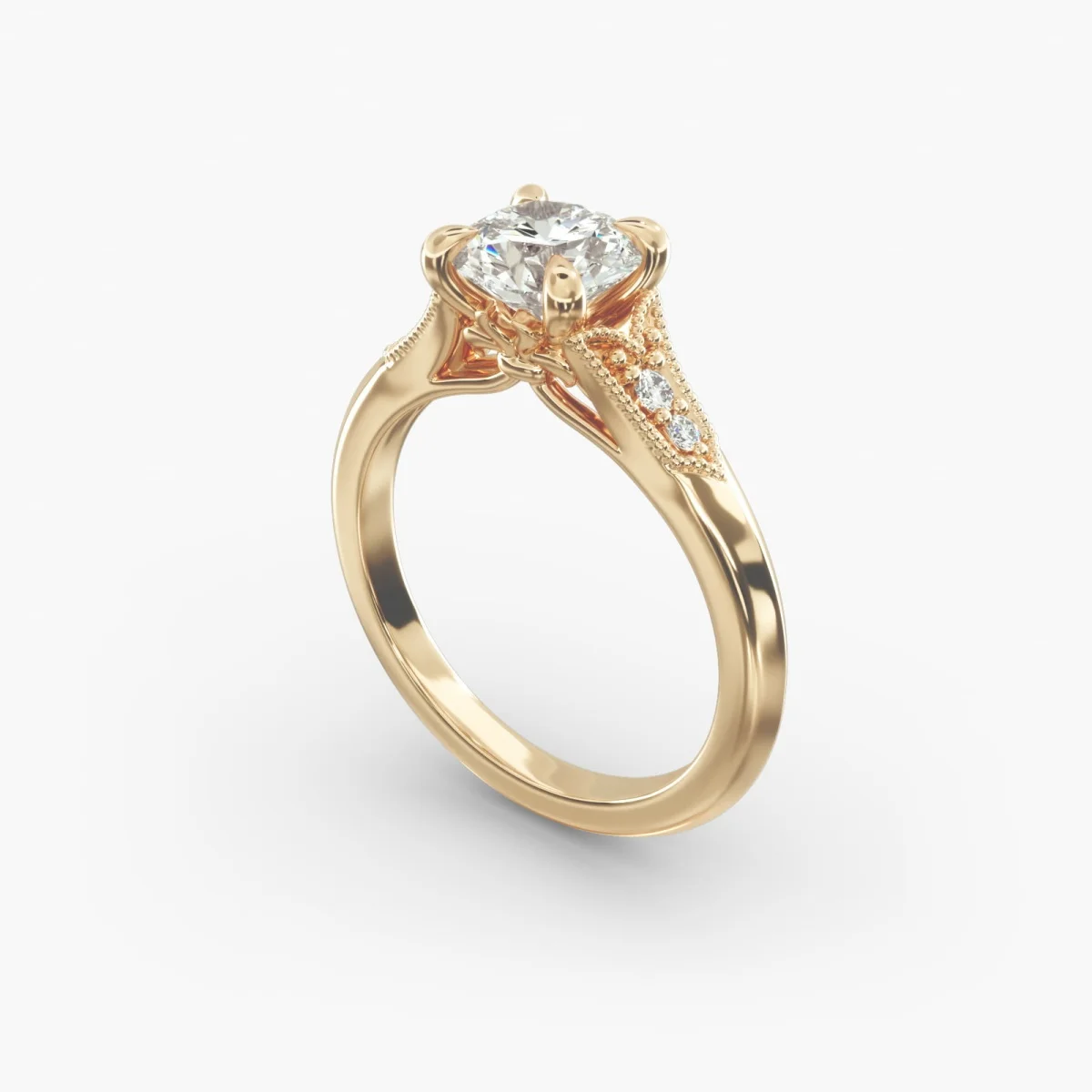 Vintage Sidestone Engagement Ring 9K/14K/18K Yellow Gold Brilliant Round Cut Lab Grown Diamond IGI Certified Diamond Ring