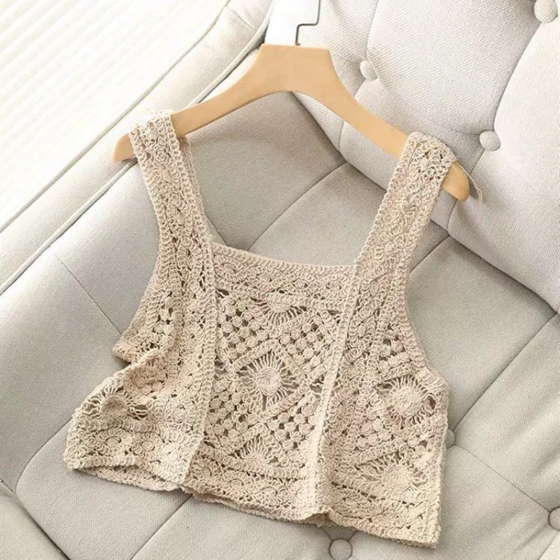 

Pullover Knitted Tank Top Women Summer Hong Kong Retro Hook Flower Versatile Short Strap Wearing Solid Small Vest Female Tops