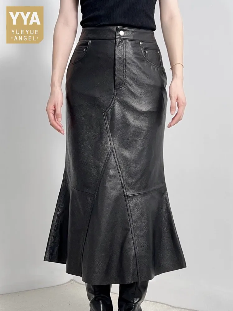 New Elegant High Waist Women Genuine Leather Long Skirt Slim Fit Office Ladies Natural Leather Irregular Design Fishtail Skirt