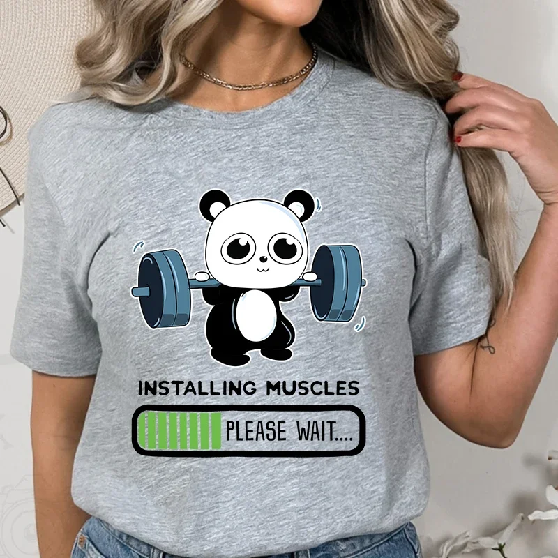 Funny Panda Gym Print T-Shirt Summer Tees for Women O-neck Casual Short Sleeve Weightlifting Installing Muscles Summer Tee Tops