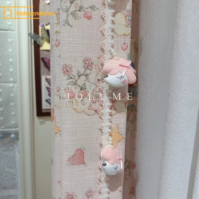 Korean Cartoon Cute Rabbit Pink Printing Curtains for Living Room Bedroom French Window Customized Finished Partition Curtain