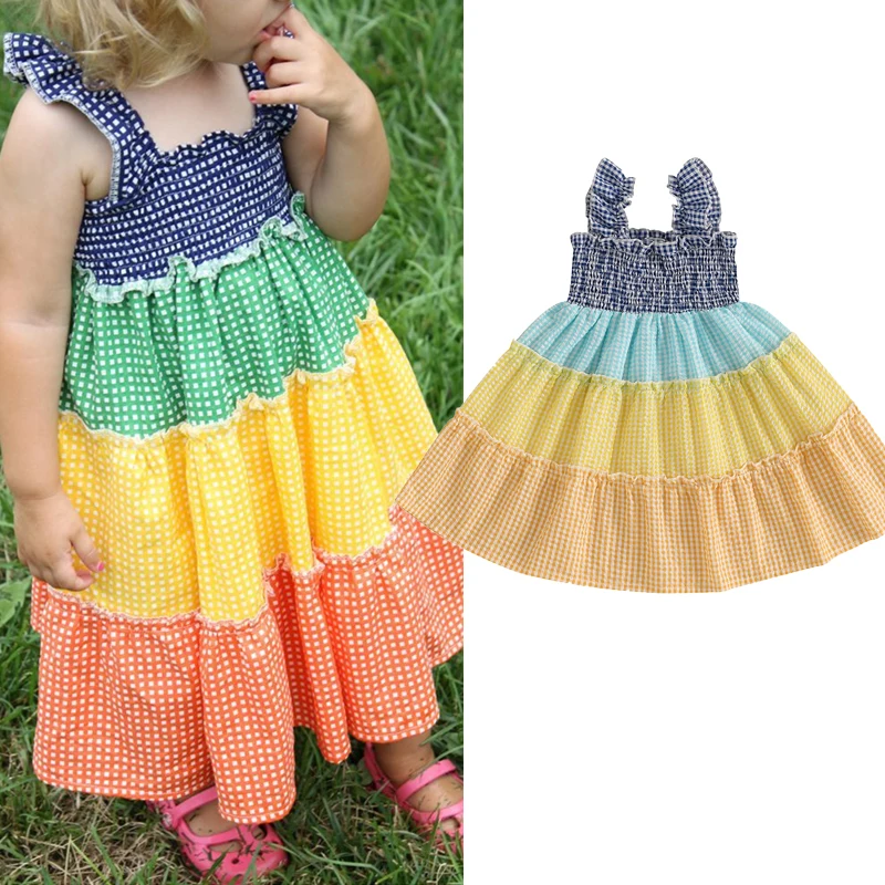 FOCUSNORM 0-4Y Lovely Little Kids Girls Summer Dress Colorful Plaid Striped Print Sleeveless Suspender Smocked A-Line Dress