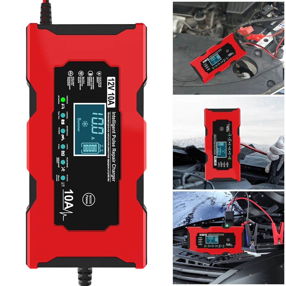 

12V 10A Smart Car Battery Charger LCD Display Car and Motorcycle Battery Charging Unit for Lead-Acid AGM GEL Batteries