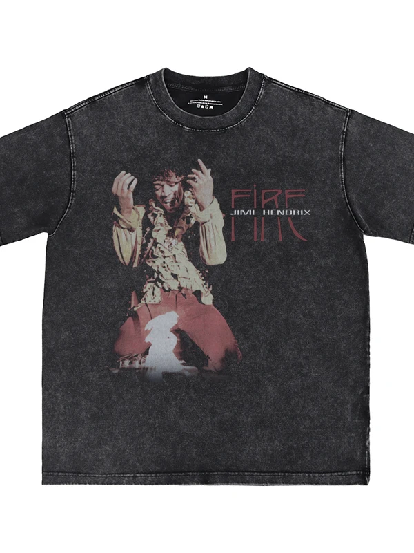 Rocker Band Guitarist Digital Direct Print Washed Vintage American Street Punk Hip Hop Short Sleeve T-Shirt Youth Casual Cotton