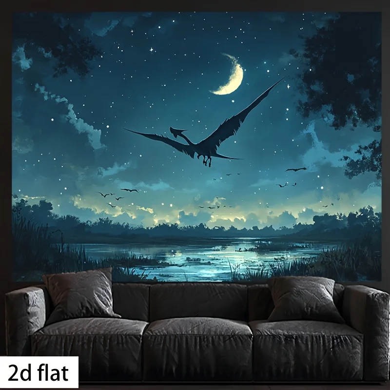 نسيج الزواحف الليلية النابضة بالحياة - تصميم الزواحف المجنحة الساحرة مع اكتمال القمر والنجوم، مثالي لديكور المنزل والحفلات،