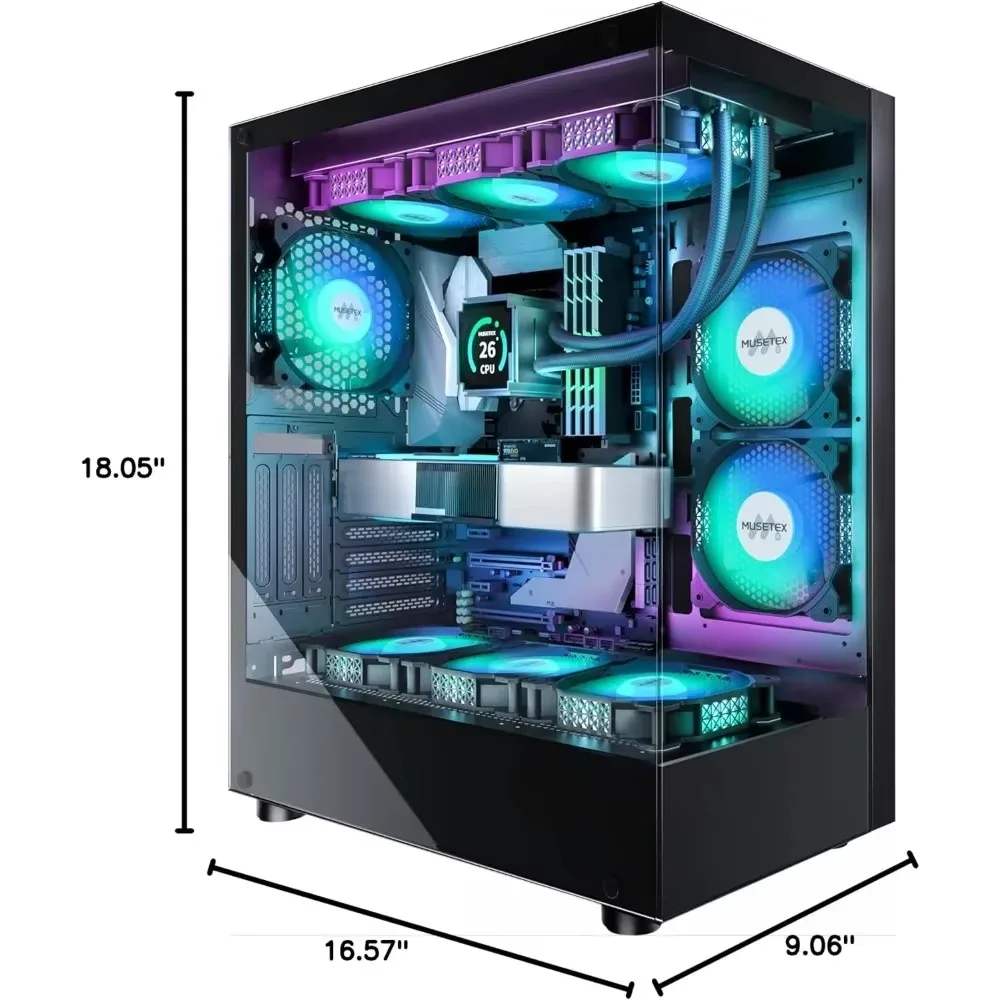 Mid Tower Computer Case, ATX 6 PWM ARGB Fans Pre-Installed, Type-C, Full-View Dual Tempered Glass, Gaming PC Case