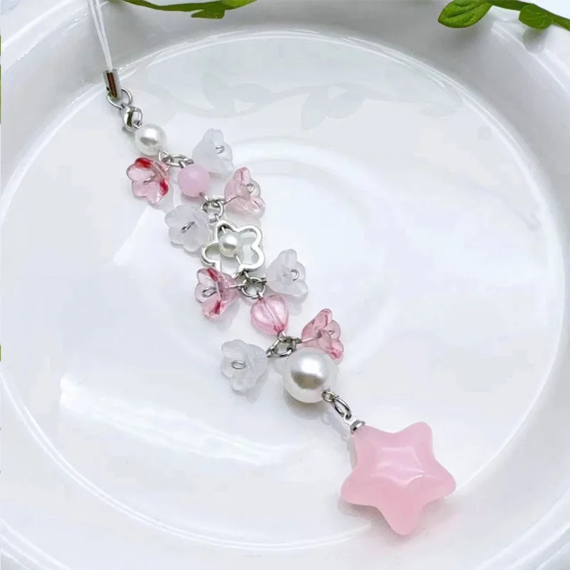 Original Y2k Handmade Flower Glass Beaded Star Pendant Keychain Charms Cute Sweet Aesthetic Phone Bag Decoration Gift For Woman