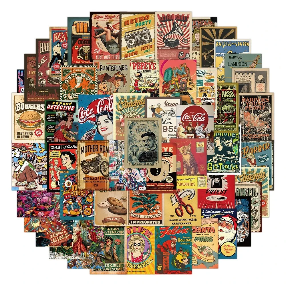60PCS American Style Vintage Poster Cartoon Stickers Exquisite Fashion Sticker for Phone Computer Stationery DIY Toys Secret