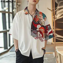 2024 Men Shirt Printing Vintage Lapel Short Sleeve Loose Casual Men Clothing Streetwear Summer Leisure Male Shirts S-5XL INCERUN