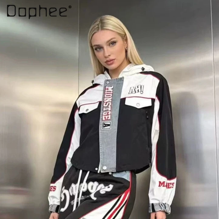 

European Jacket Women's Spring 2026 New Contrast Patchwork Denim Letter Embroidery Hooded Loose Trench Coat