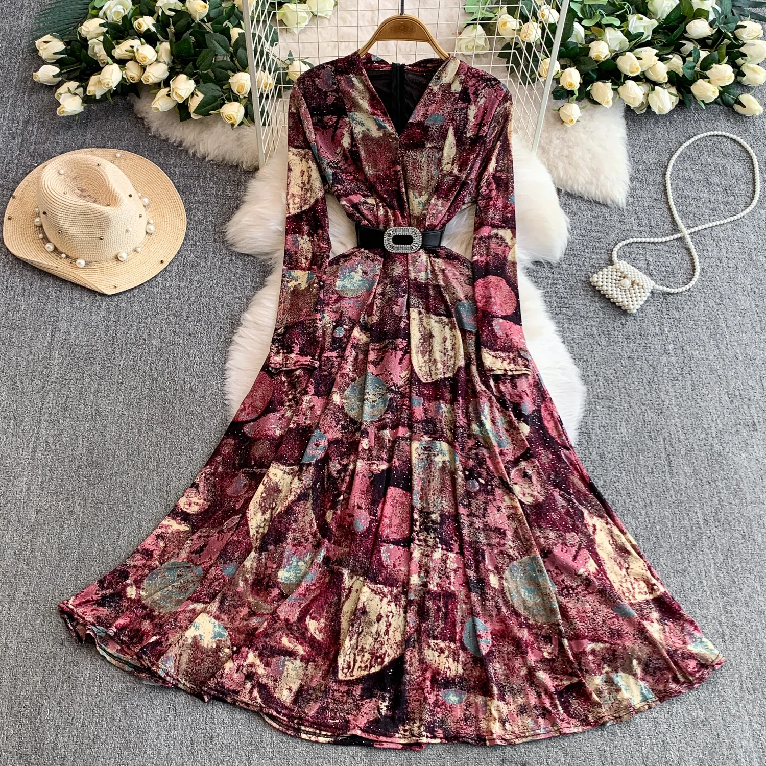 Abito vintage chic a maniche lunghe con scollo a V increspato glitterato Fata moda coreana Boho Sundress abbigliamento donna