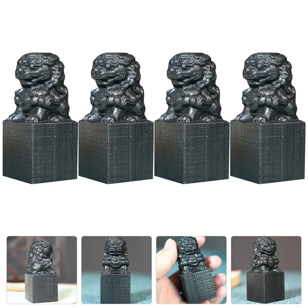 

4pcs Ebony Lion Seal Stamps Simple Wood Carvings Desktop Home Office Decorations Wooden Lion Shape Crafts Tabletop Artware