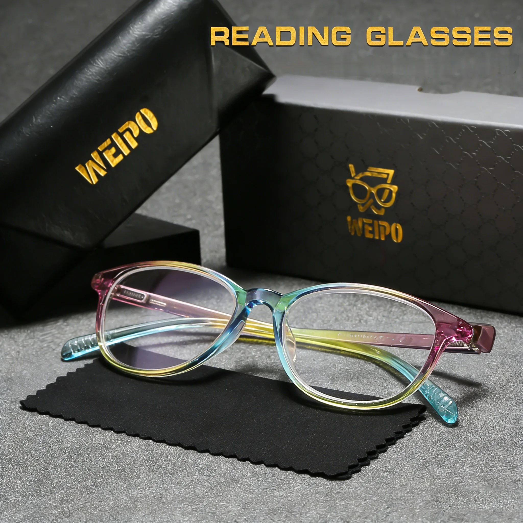 WEIPO Fashion  Oval Reading Glasses Colorful Chic Presbyopic Glasses For Women Men, Two boxes and one cloth luxury set