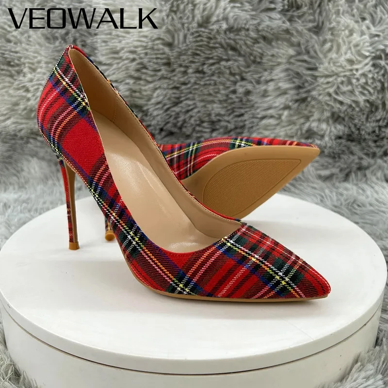 

Veowalk НОВЫЕ модные женские туфли-лодочки на шпильке с острым носком в красную клетку, классические туфли на высоком каблуке для вечеринок и свадеб, большие размеры 45, 46