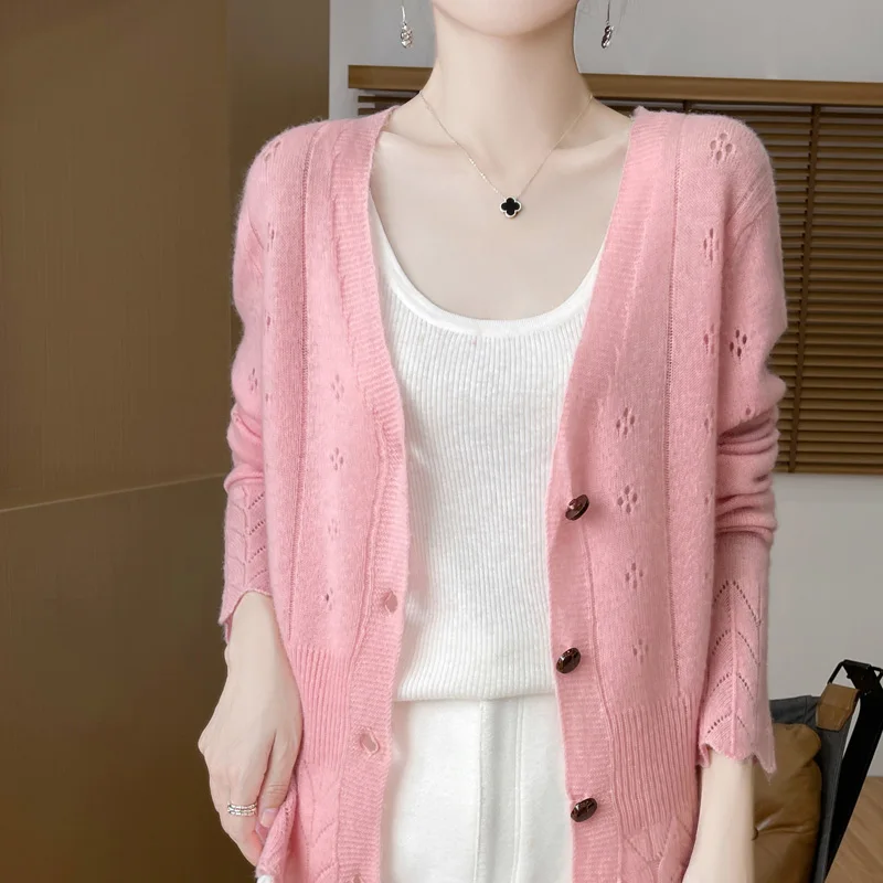 Spring and Autumn New Women's Clothing 100% Merino Wool V-neck Knitted Cardigan Fashionable Threaded Hollow Long Sleeve Tops