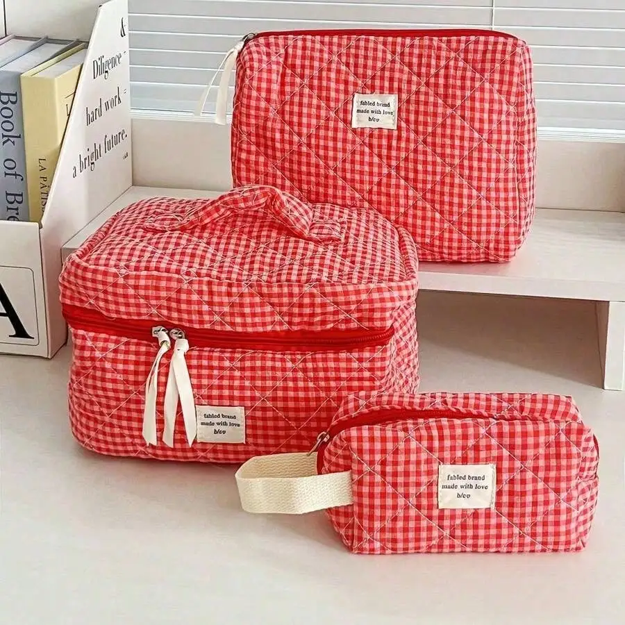

3pcs Makeup Bag Quilted Cosmetic Bag Silk Ribbon Large Floral Make Up Bag for Women Bow Cotton Makeup Bag Set Flower Travel Toil